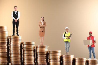 Image of People of various professions standing on different stacks of coins according to their salaries against dark beige background. Concept of rich, wealth