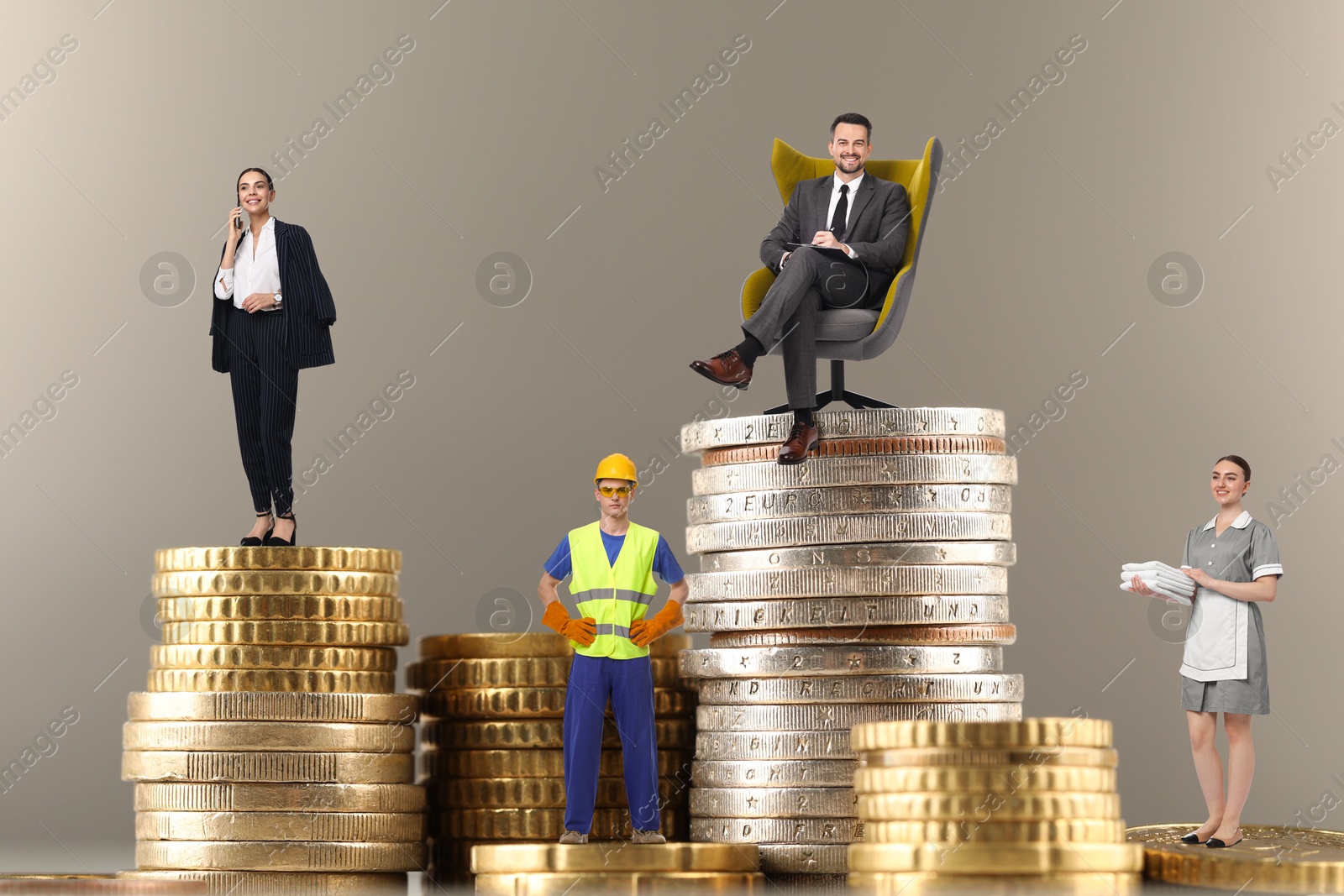 Image of People of various professions standing on different stacks of coins according to their salaries against beige grey background. Concept of rich, wealth