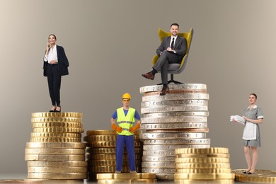 Image of People of various professions standing on different stacks of coins according to their salaries against beige grey background. Concept of rich, wealth