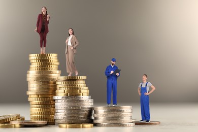 Image of People of various professions standing on different stacks of coins according to their salaries against beige grey background. Concept of rich, wealth