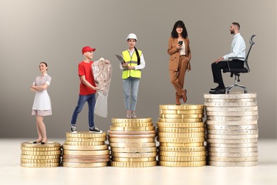 Image of People of various professions standing on different stacks of coins according to their salaries against beige grey background. Concept of rich, wealth
