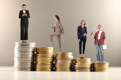 Image of People of various professions standing on different stacks of coins according to their salaries against beige grey background. Concept of rich, wealth