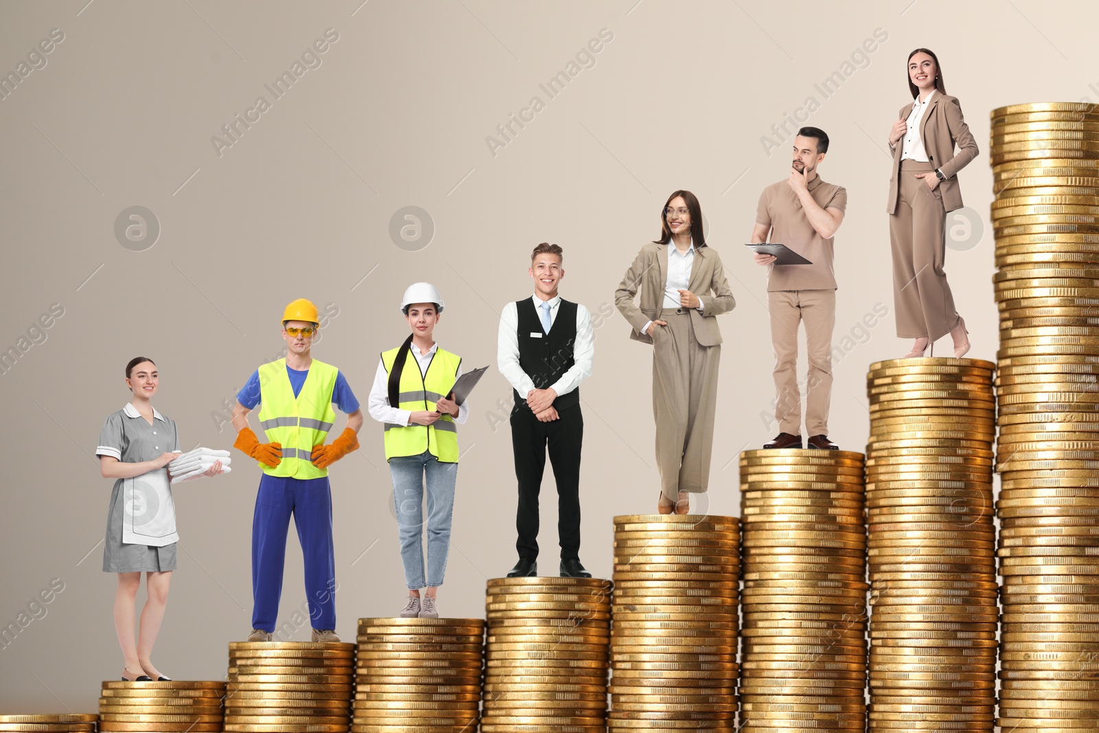 Image of People of various professions standing on different stacks of coins according to their salaries against beige grey background. Concept of rich, wealth