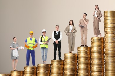 Image of People of various professions standing on different stacks of coins according to their salaries against beige grey background. Concept of rich, wealth