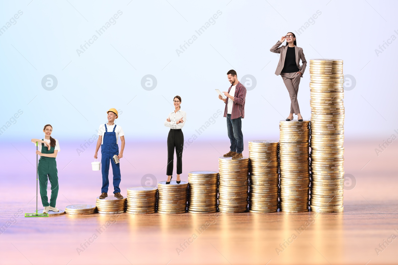 Image of People of various professions standing on different stacks of coins according to their salaries against color background. Concept of rich, wealth