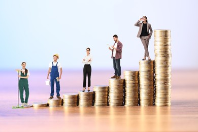 Image of People of various professions standing on different stacks of coins according to their salaries against color background. Concept of rich, wealth