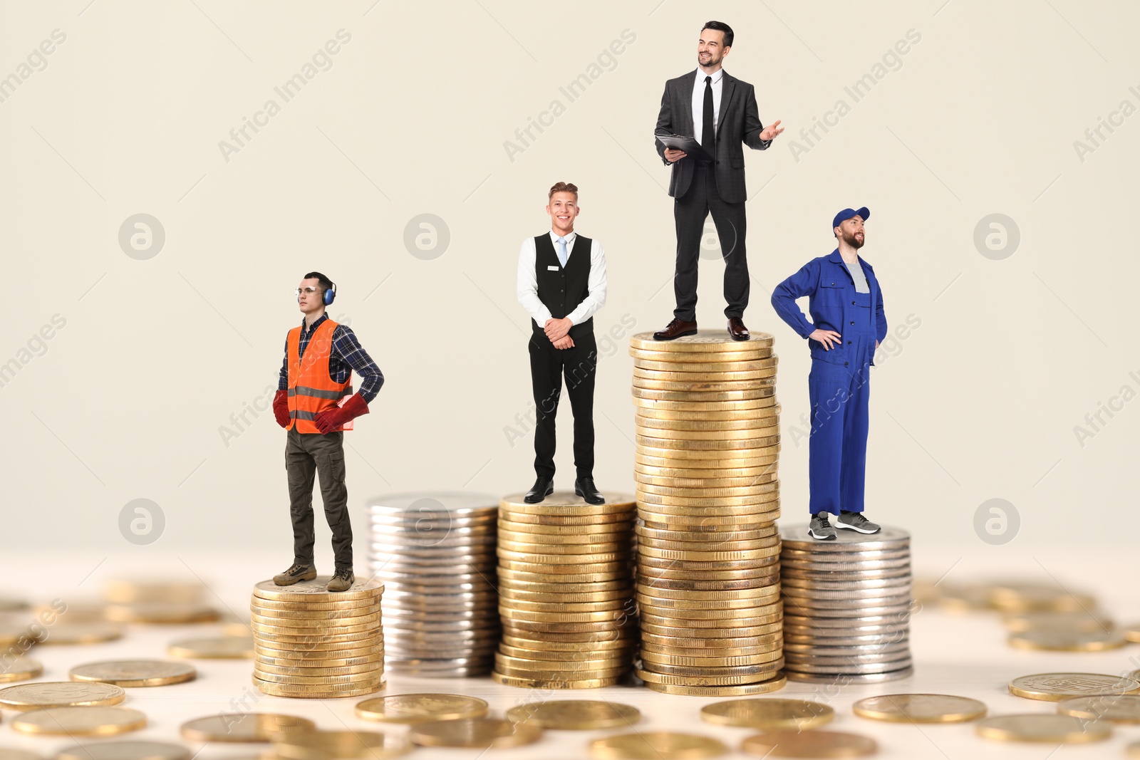 Image of People of various professions standing on different stacks of coins according to their salaries against beige background. Concept of rich, wealth
