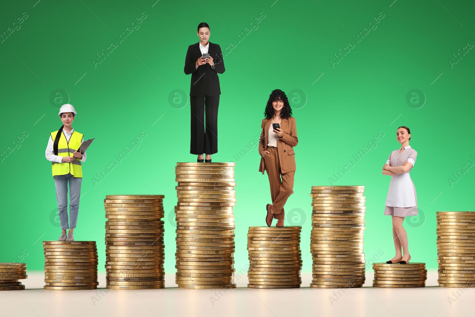 Image of People of various professions standing on different stacks of coins according to their salaries against green background. Concept of rich, wealth