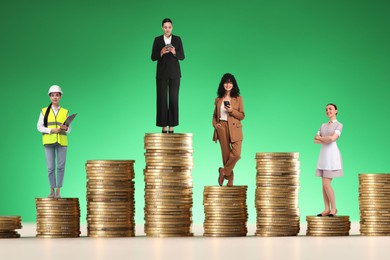 Image of People of various professions standing on different stacks of coins according to their salaries against green background. Concept of rich, wealth