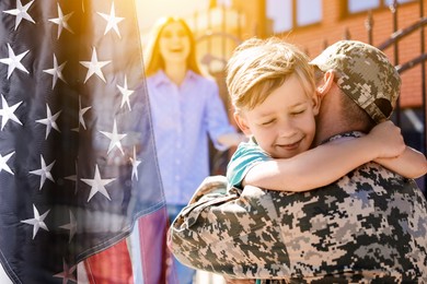 Image of Military man and his family outdoors, double exposure with national flag of USA