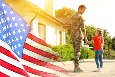 Image of Military man and his daughter outdoors, double exposure with national flag of USA