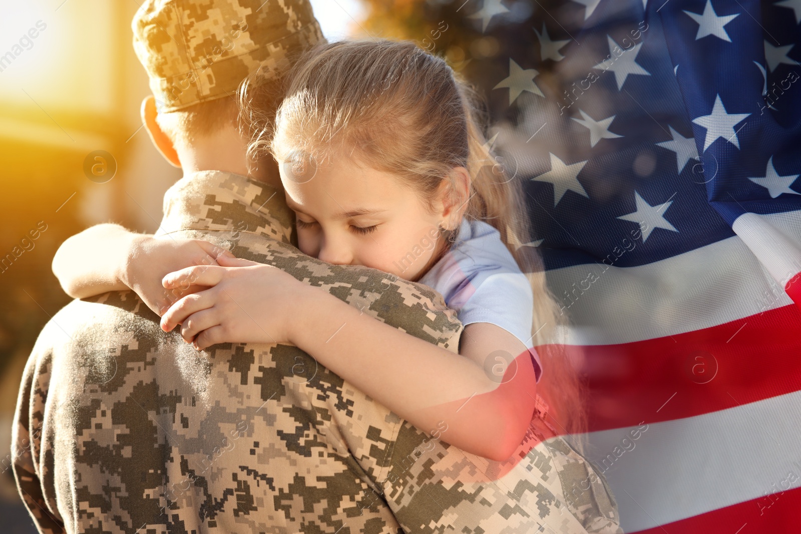 Image of Military man and his daughter outdoors, double exposure with national flag of USA