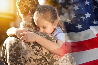 Image of Military man and his daughter outdoors, double exposure with national flag of USA