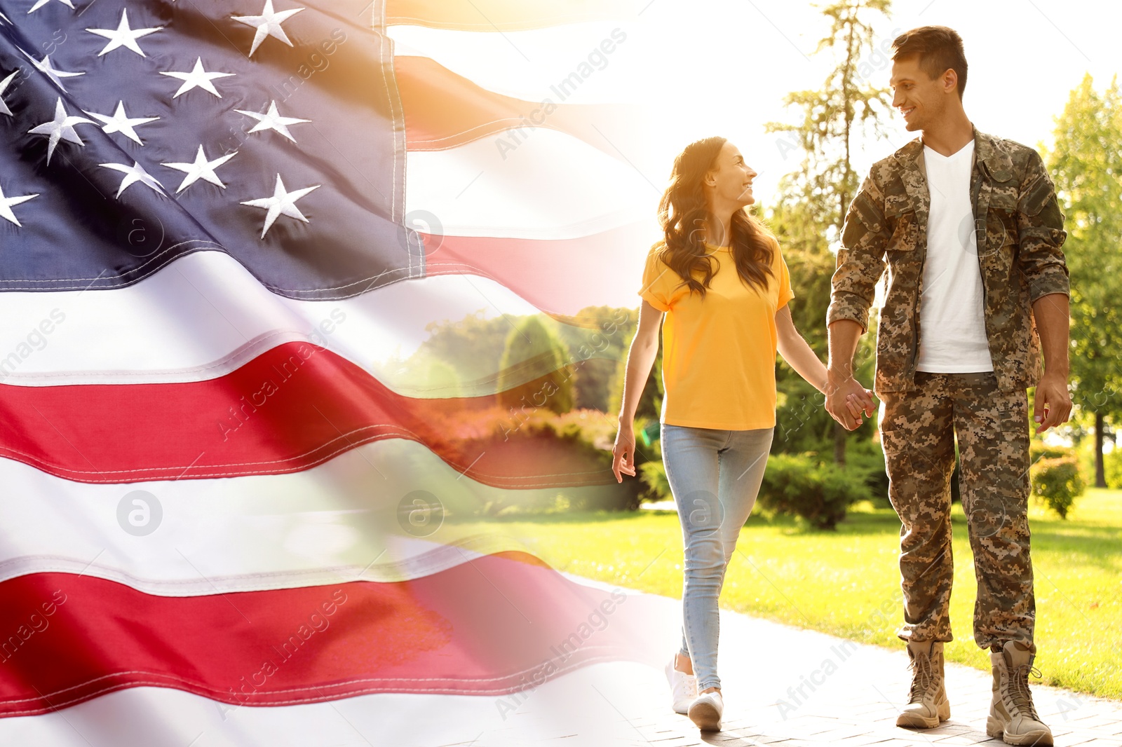 Image of Military man and his girlfriend outdoors, double exposure with national flag of USA