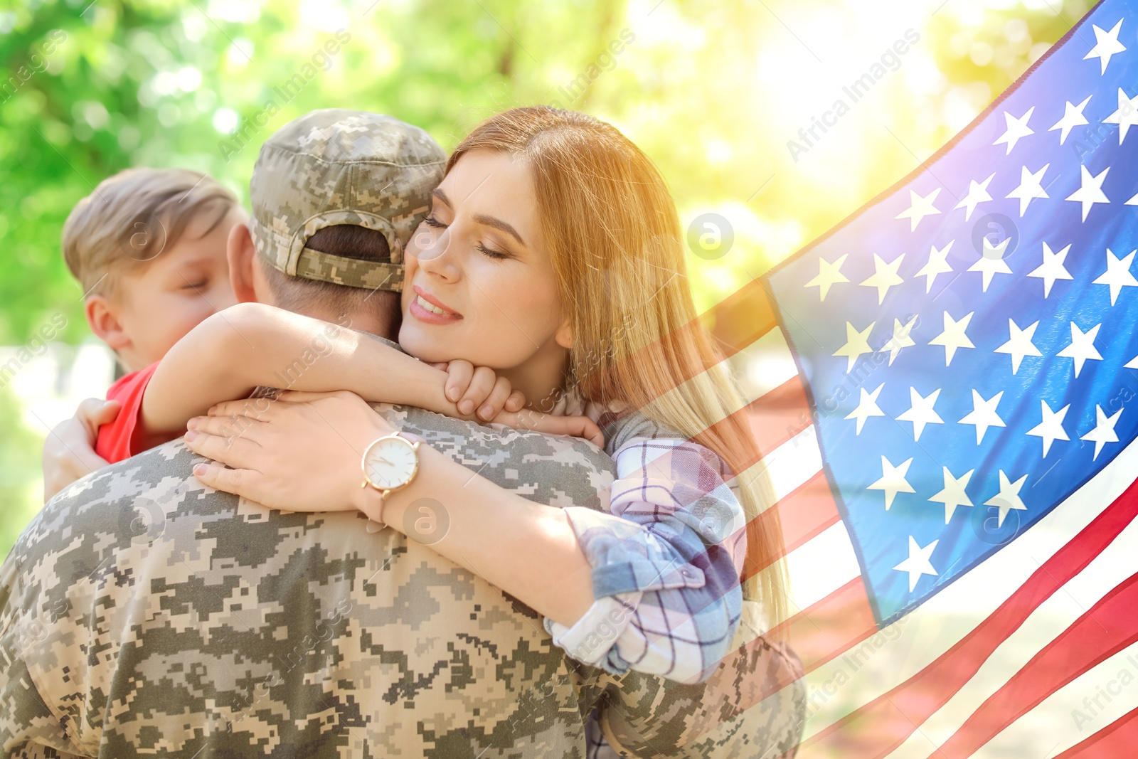 Image of Military man and his family outdoors, double exposure with national flag of USA
