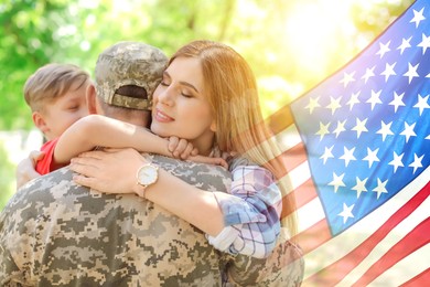 Image of Military man and his family outdoors, double exposure with national flag of USA
