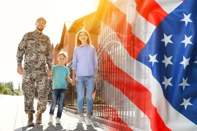 Image of Military man and his family outdoors, double exposure with national flag of USA