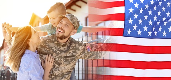 Image of Military man and his family outdoors, double exposure with national flag of USA. Banner design