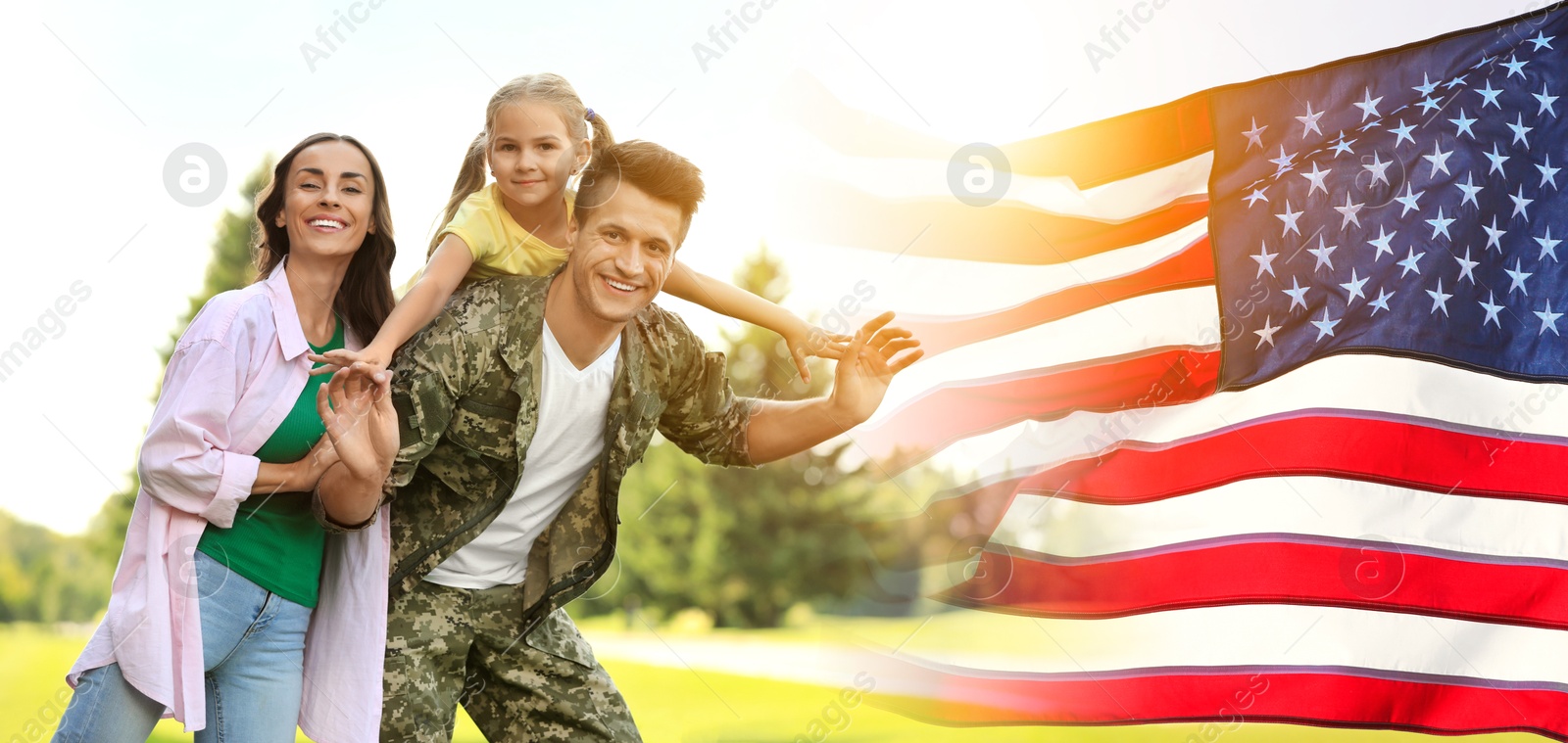Image of Military man and his family outdoors, double exposure with national flag of USA. Banner design
