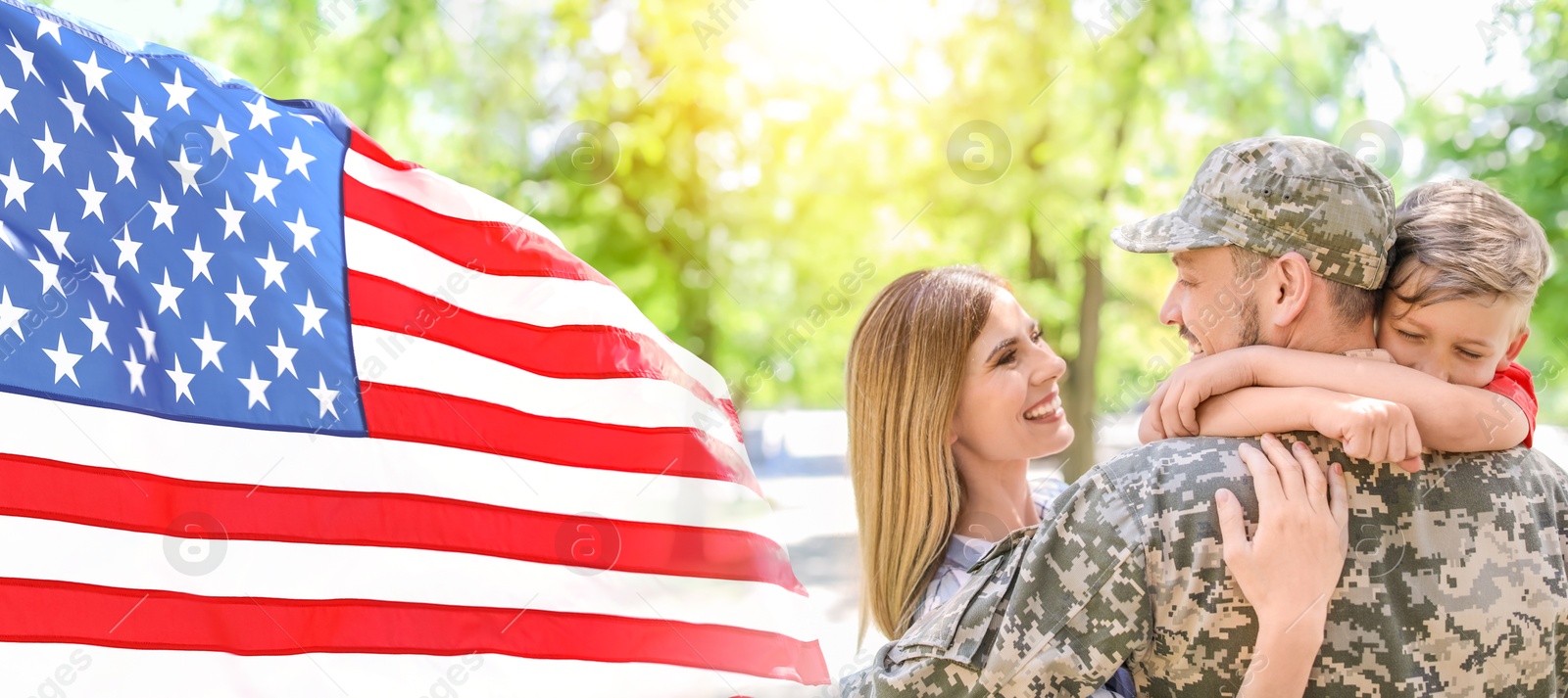 Image of Military man and his family outdoors near national flag of USA. Banner design