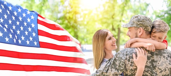 Image of Military man and his family outdoors near national flag of USA. Banner design