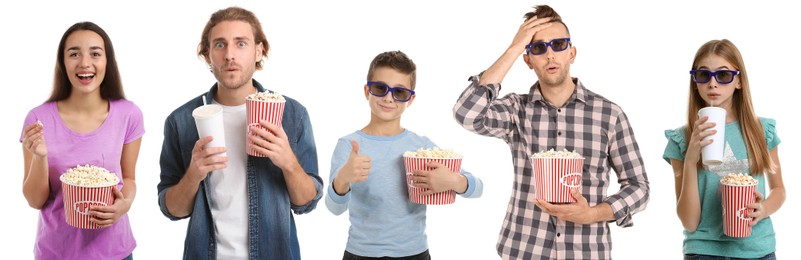 Image of Visiting cinema. Different people with buckets of popcorn on white background, collage of portraits