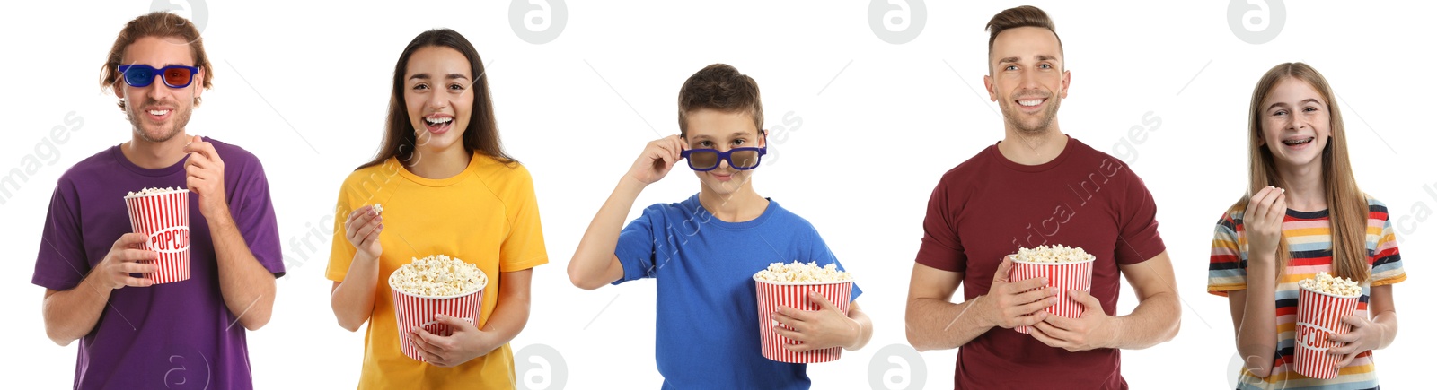 Image of Visiting cinema. Different people with buckets of popcorn on white background, collage of portraits
