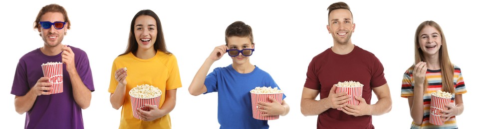 Image of Visiting cinema. Different people with buckets of popcorn on white background, collage of portraits