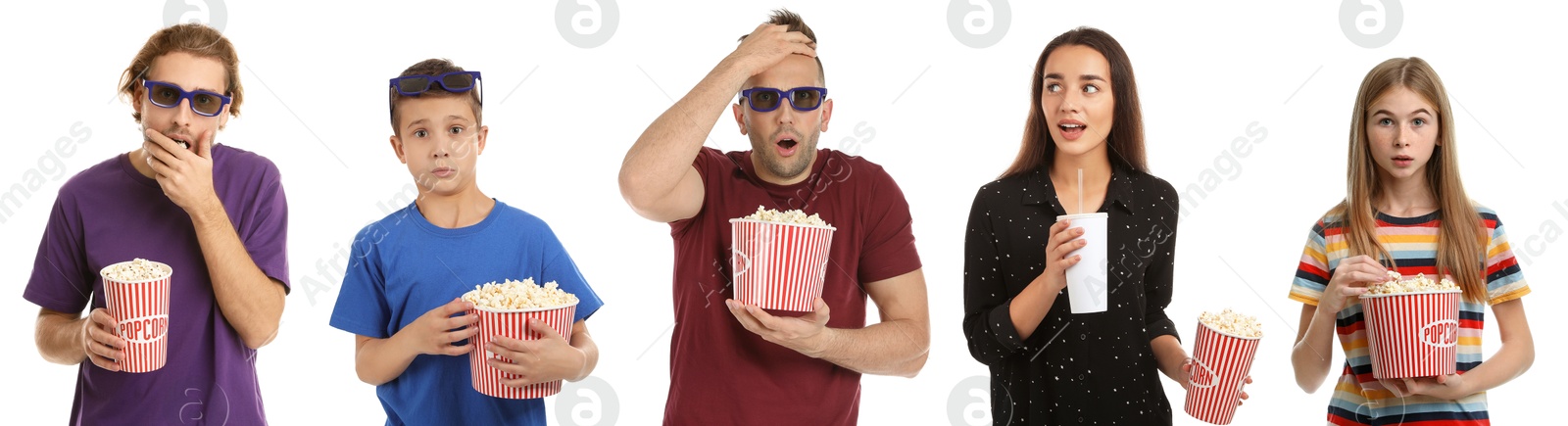 Image of Visiting cinema. Different people with buckets of popcorn on white background, collage of portraits