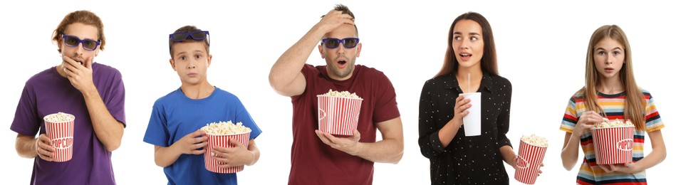 Image of Visiting cinema. Different people with buckets of popcorn on white background, collage of portraits