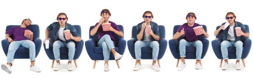 Image of Visiting cinema. Man with buckets of popcorn on white background, collage of portraits