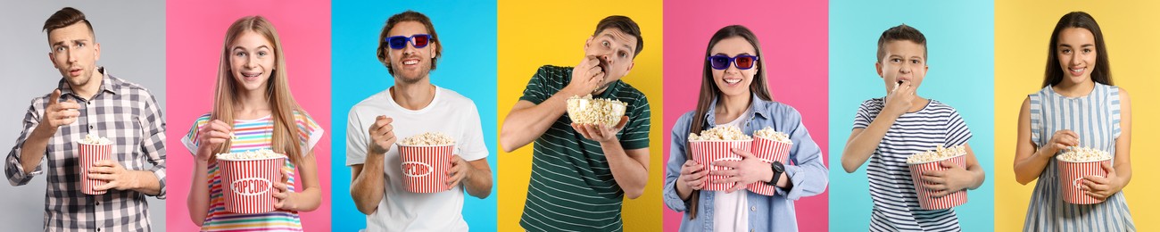 Image of Visiting cinema. Different people with buckets of popcorn on colorful backgrounds, collage of portraits
