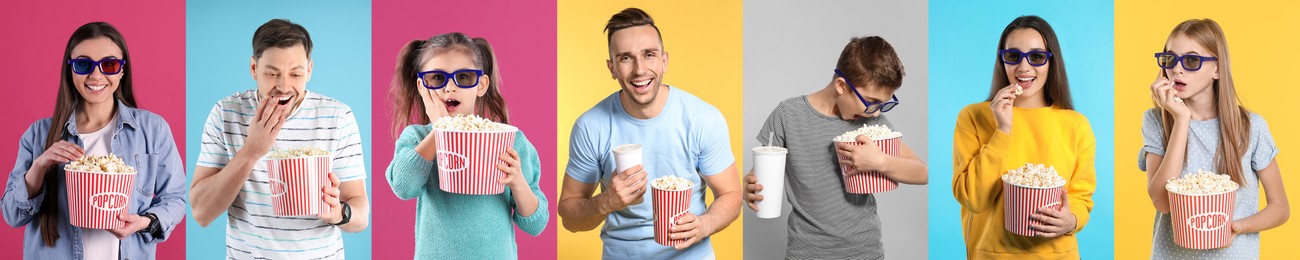 Image of Visiting cinema. Different people with buckets of popcorn on colorful backgrounds, collage of portraits