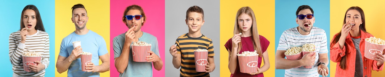 Image of Visiting cinema. Different people with buckets of popcorn on colorful backgrounds, collage of portraits