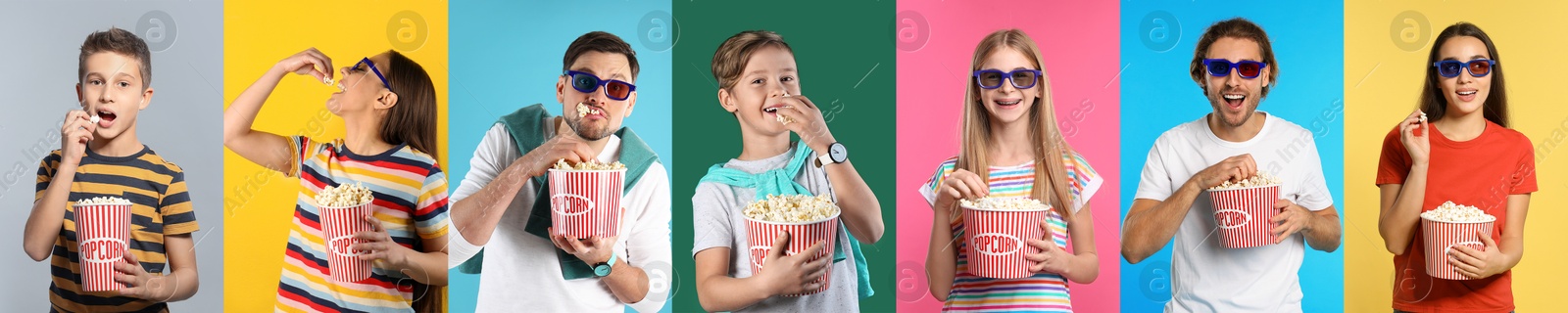 Image of Visiting cinema. Different people with buckets of popcorn on colorful backgrounds, collage of portraits