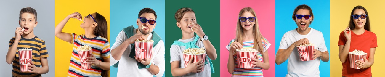 Image of Visiting cinema. Different people with buckets of popcorn on colorful backgrounds, collage of portraits