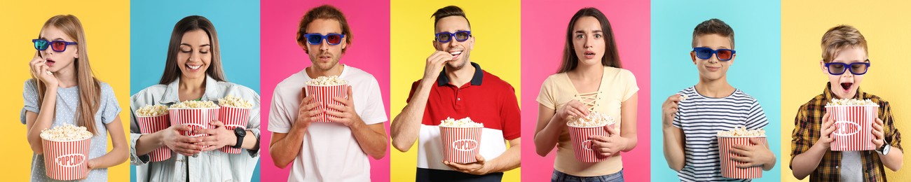 Image of Visiting cinema. Different people with buckets of popcorn on colorful backgrounds, collage of portraits