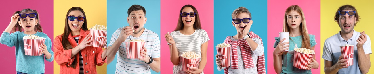 Image of Visiting cinema. Different people with buckets of popcorn on colorful backgrounds, collage of portraits