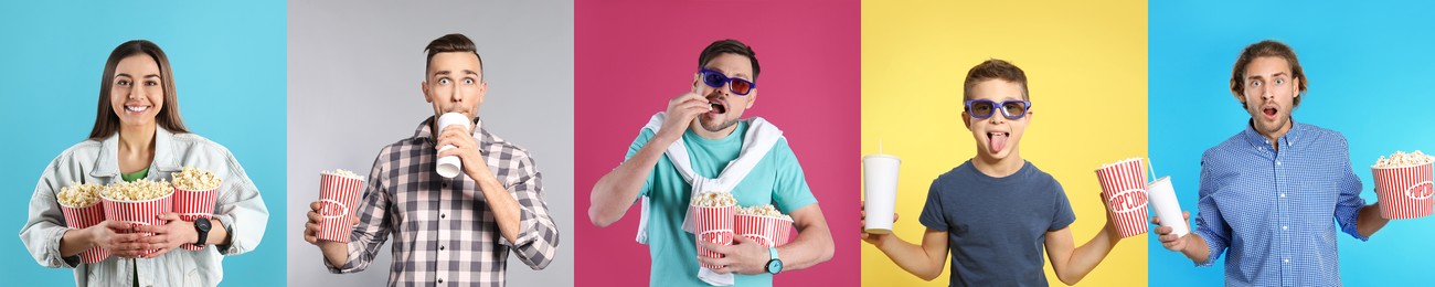 Image of Visiting cinema. Different people with buckets of popcorn on colorful backgrounds, collage of portraits