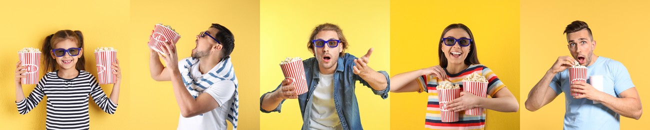 Image of Visiting cinema. Different people with buckets of popcorn on yellow background, collage of portraits