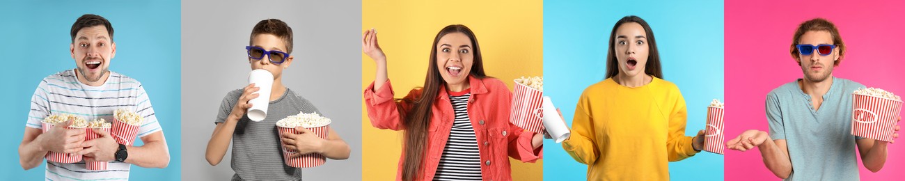 Image of Visiting cinema. Different people with buckets of popcorn on colorful backgrounds, collage of portraits