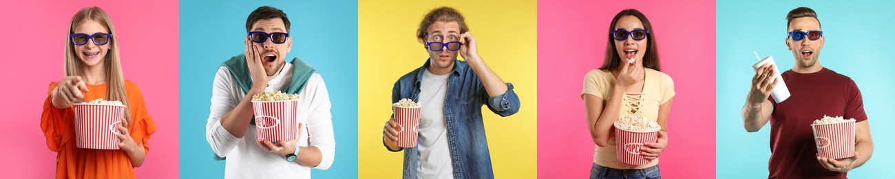 Image of Visiting cinema. Different people with buckets of popcorn on colorful backgrounds, collage of portraits