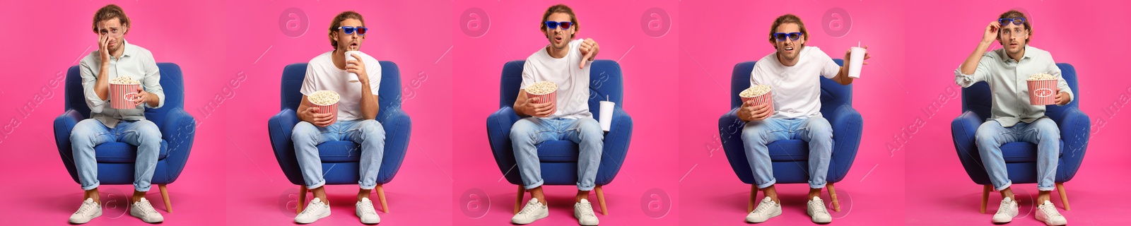 Image of Visiting cinema. Man with bucket of popcorn on pink background, collage of portraits