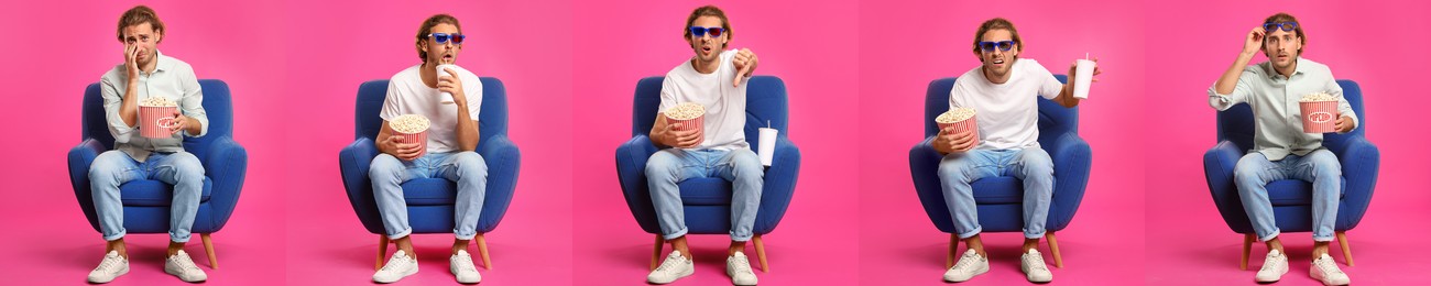Image of Visiting cinema. Man with bucket of popcorn on pink background, collage of portraits