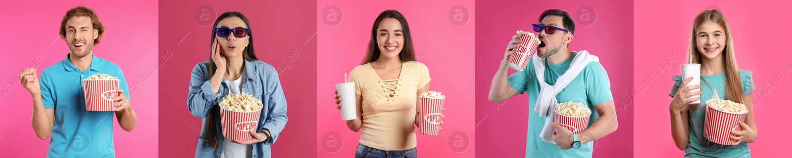 Image of Visiting cinema. Different people with buckets of popcorn on pink background, collage of portraits
