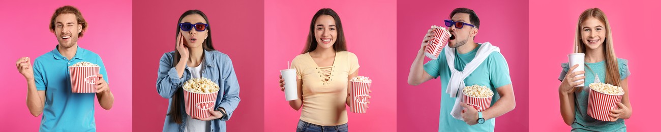 Image of Visiting cinema. Different people with buckets of popcorn on pink background, collage of portraits
