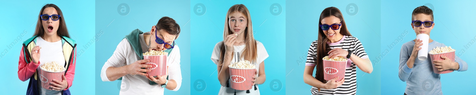 Image of Visiting cinema. Different people with buckets of popcorn on light blue background, collage of portraits