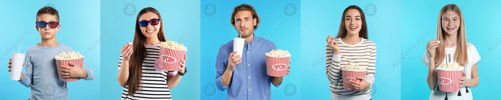 Image of Visiting cinema. Different people with buckets of popcorn on light blue background, collage of portraits