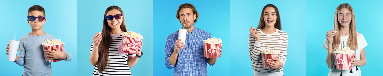 Image of Visiting cinema. Different people with buckets of popcorn on light blue background, collage of portraits