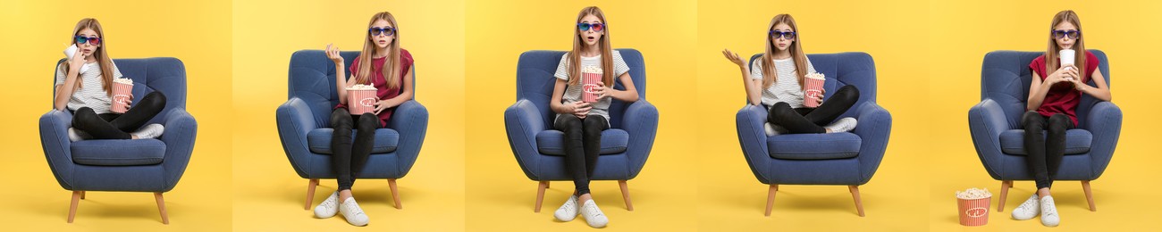 Image of Visiting cinema. Teenage girl with buckets of popcorn on yellow background, collage of portraits